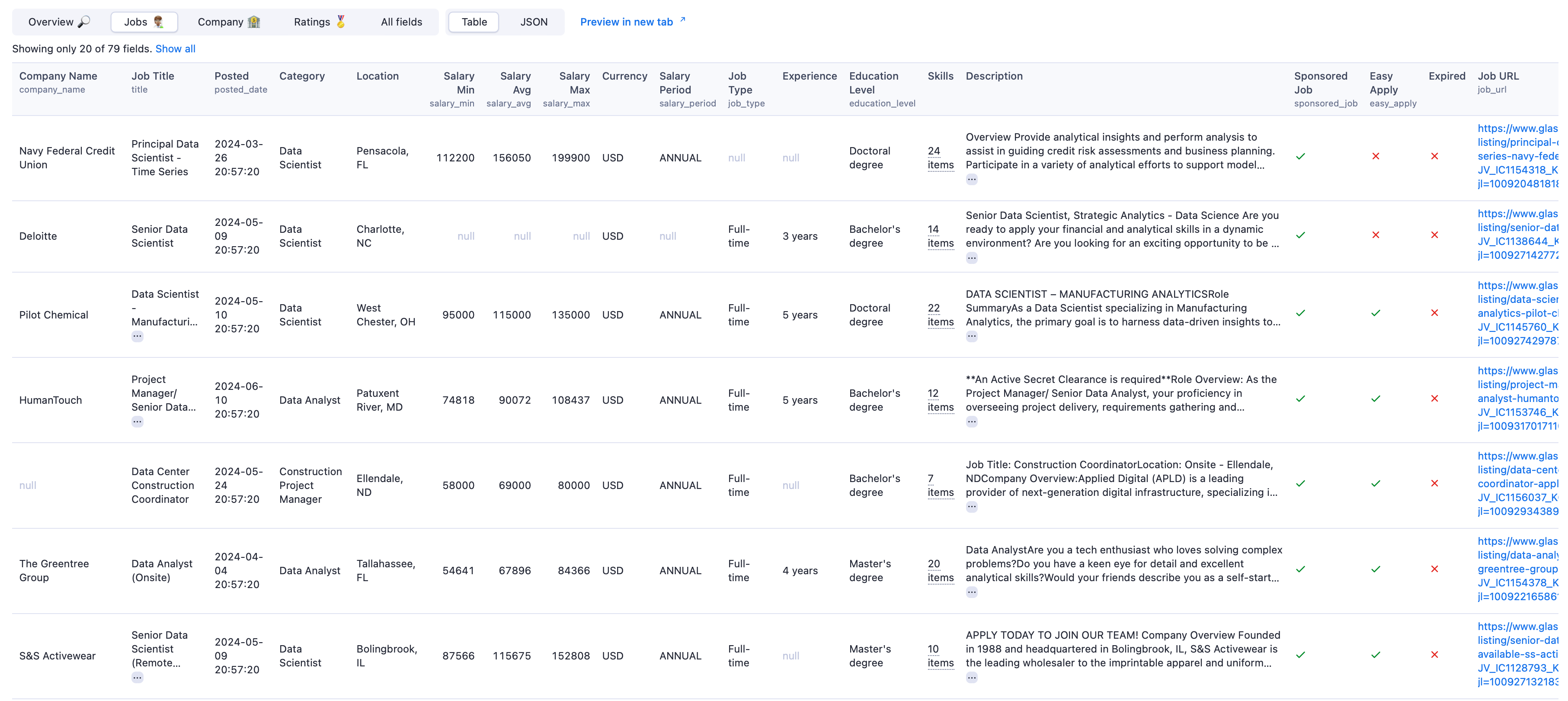 Glassdoor Scraper Output Overview