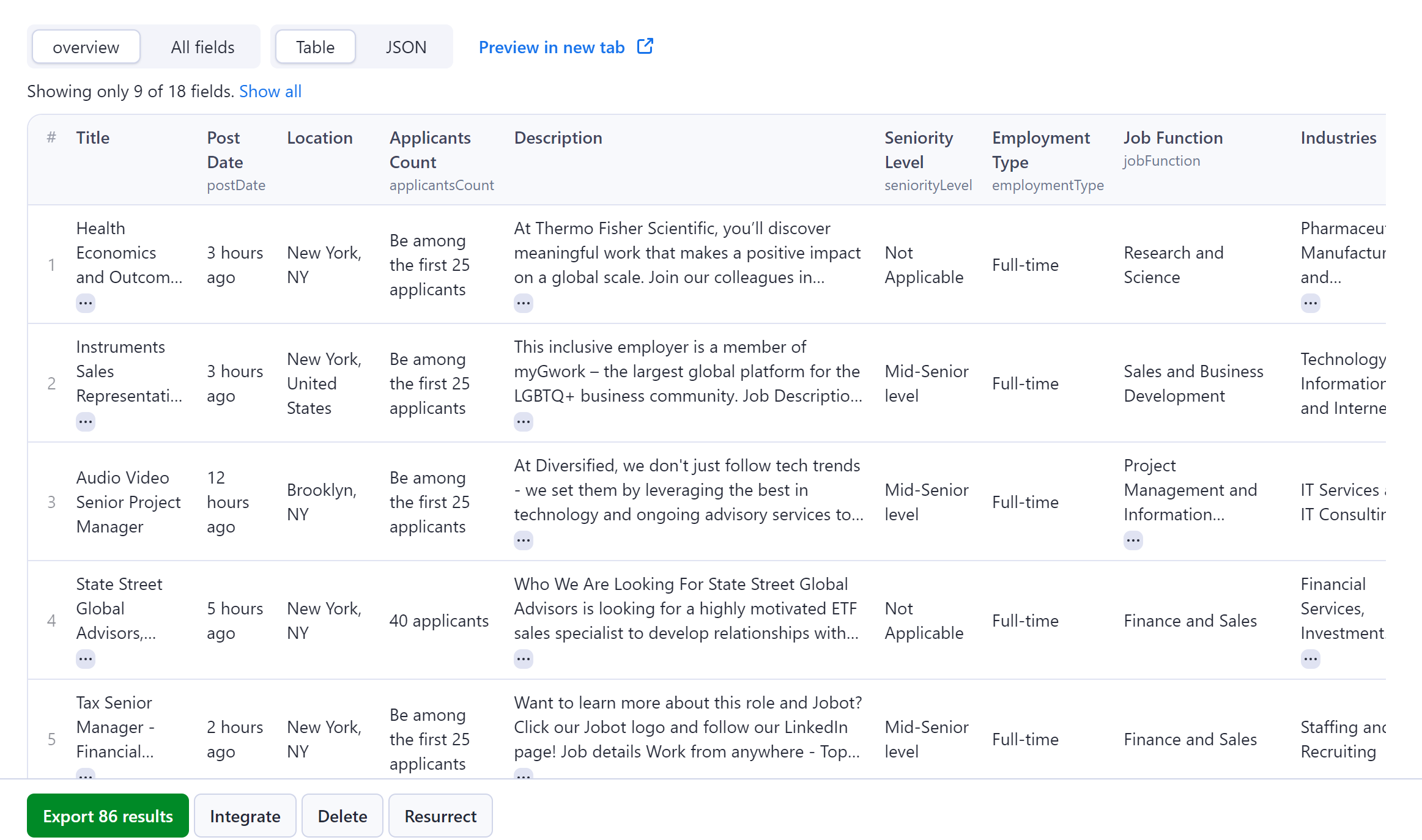 Linkedin Jobs Scraper Output Table Format