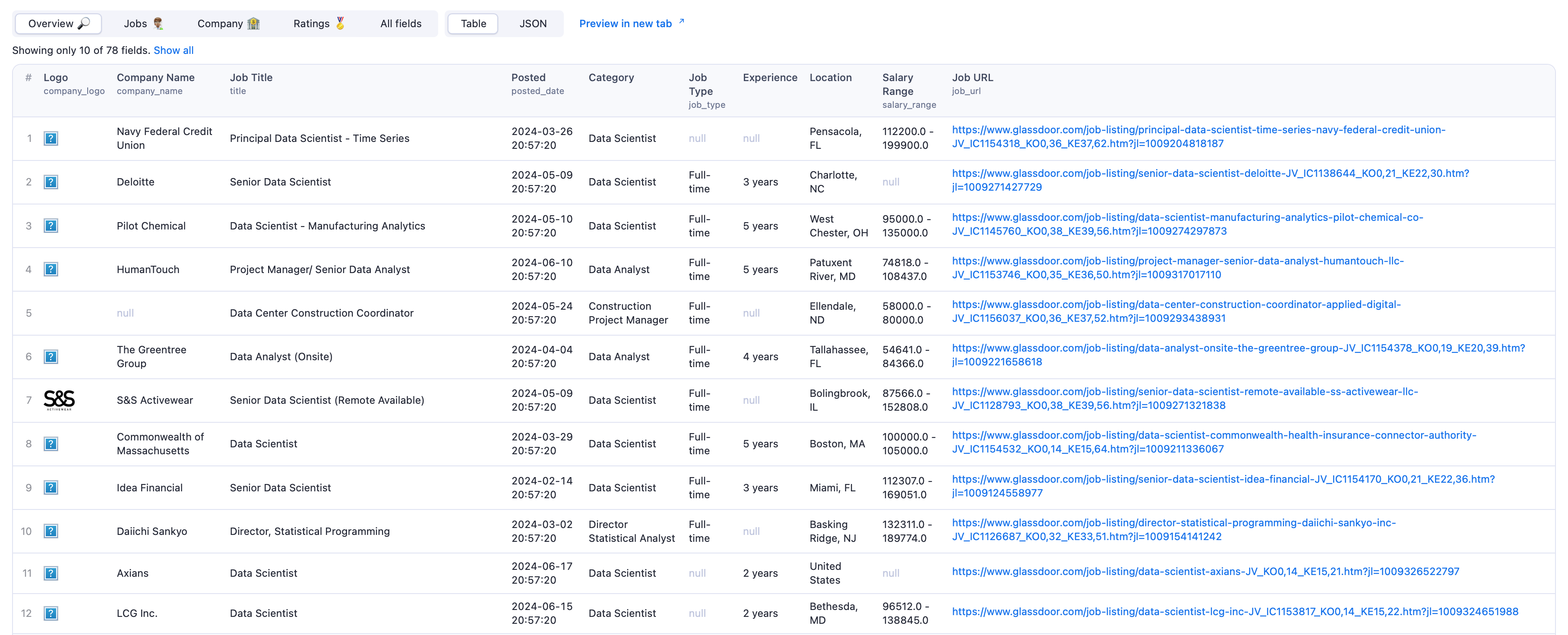 Glassdoor Scraper Output Overview