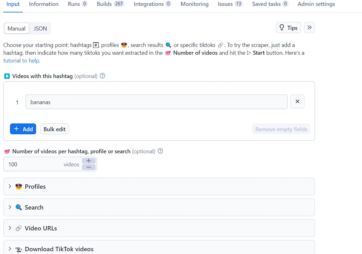 TikTok Scraper input
