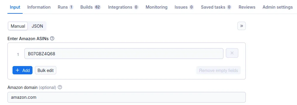 Amazon ASINs Scraper input