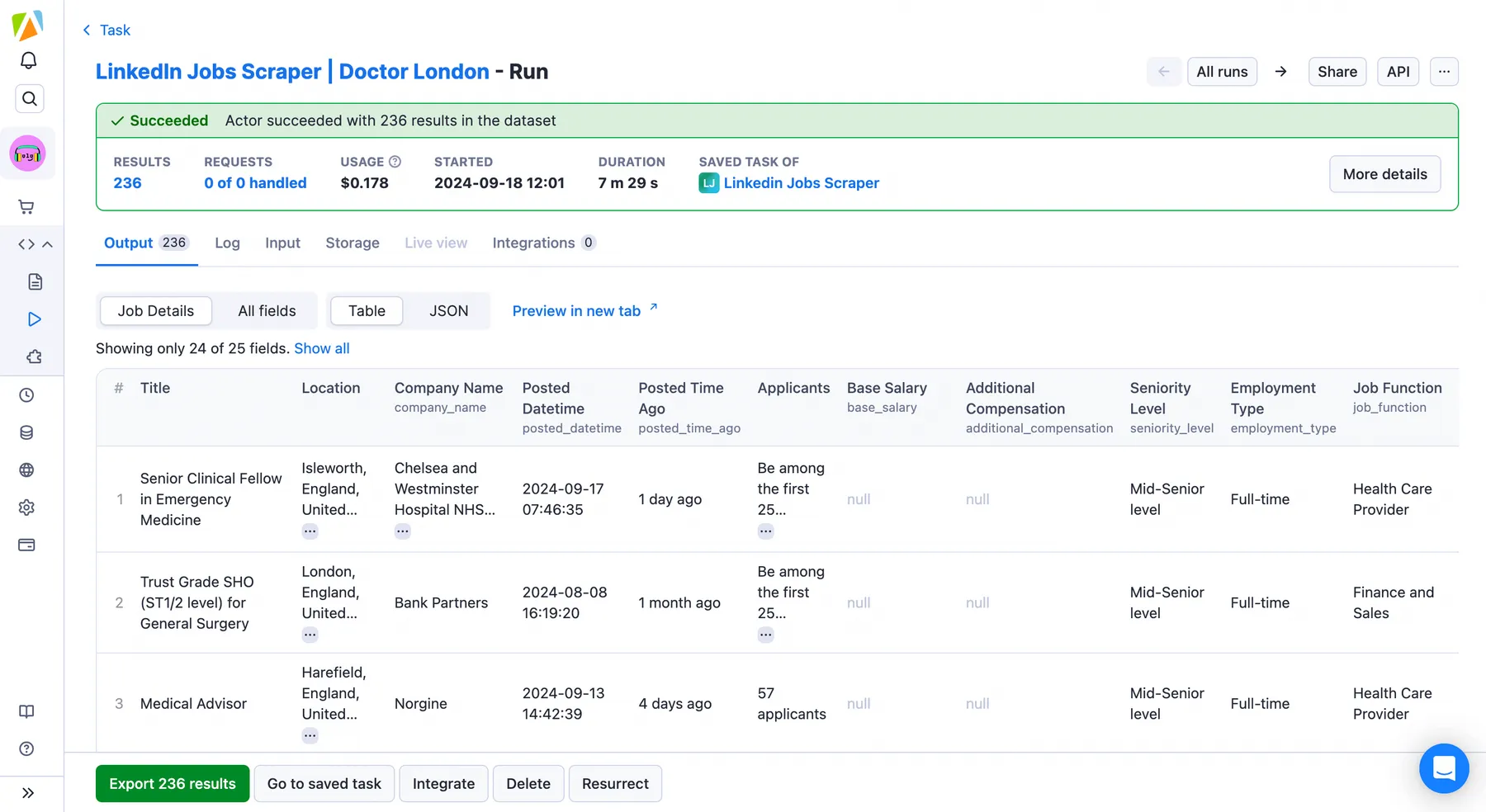 Example of Jobs Scraped Output from the LinkedIn Jobs Scraper