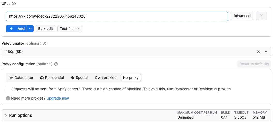VK Video Downloader input