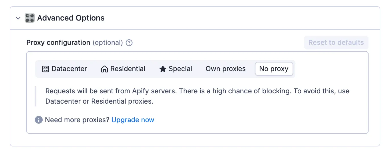 Scraper Sample Advanced Options Input