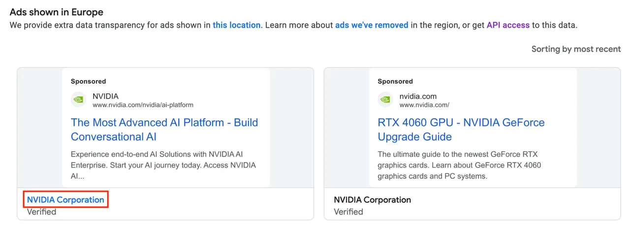 selecting an advertiser from the list of ads