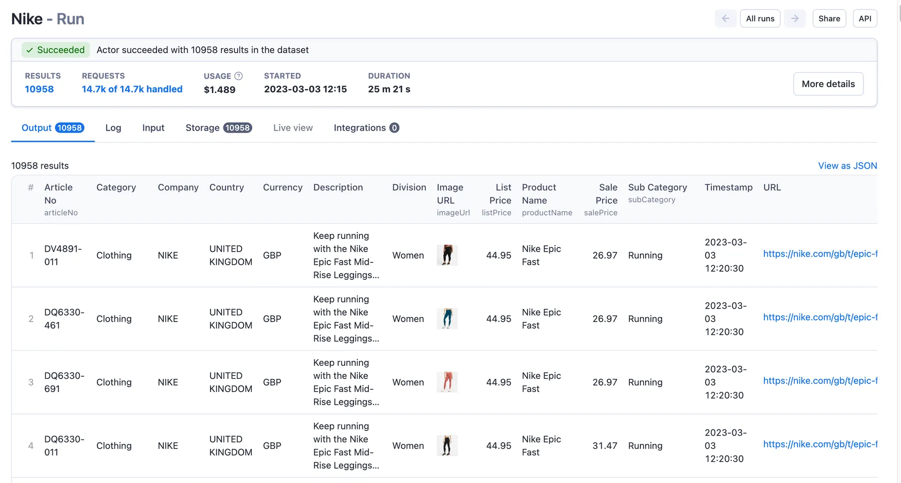 Apify - Nike Run - output