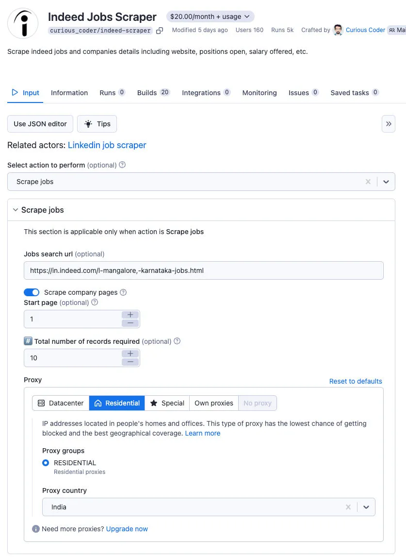 Indeed jobs scraper options: job search url and proxy