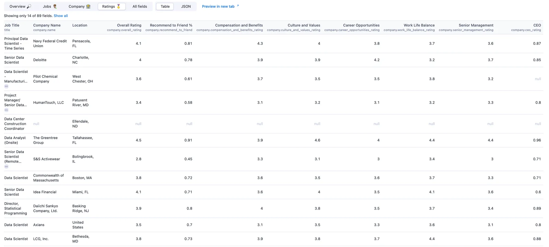 Glassdoor Scraper Output Overview